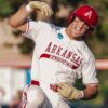 Arkansas catcher Ryder Helfrick celebrates a double against Missouri State in a NCAA Regional game in Lawrence, Kansas. | Arkansas Communications