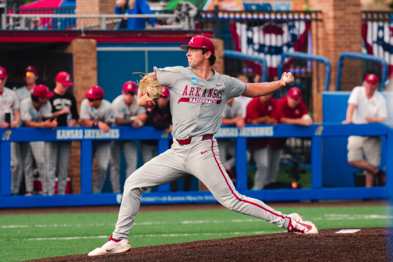 Arkansas pitcher Hunter Dietz struck out a career-high 14 batters in a NCAA Regional game loss to Kansas. | Arkansas Communications