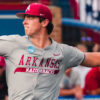 Arkansas pitcher Hunter Dietz struck out a career-high 14 batters in a NCAA Regional game loss to Kansas. | Arkansas Communications
