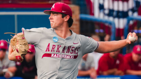 Arkansas pitcher Hunter Dietz struck out a career-high 14 batters in a NCAA Regional game loss to Kansas. | Arkansas Communications