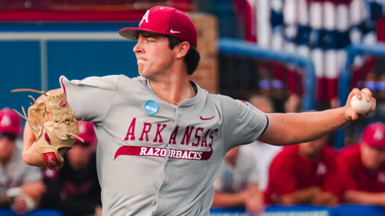 Arkansas pitcher Hunter Dietz struck out a career-high 14 batters in a NCAA Regional game loss to Kansas. | Arkansas Communications