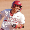 Arkansas Razorbacks first baseman Alexander Peck after hitting homer against the Oklahoma Sooners