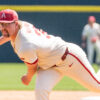 Ethan McElvain [33], pitching in the 3rd inning between Arkansas against the Florida Gators