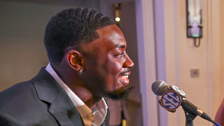 Arkansas’s Quincy Rhodes Jr. at SEC Media Days in Tampa, Fla.