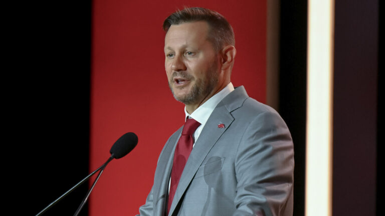 Arkansas coach Ryan Silverfield at SEC Media Days in Tampa, Fla.