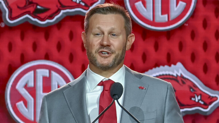 Arkansas coach Ryan Silverfield at SEC Media Days in Tampa, Fla.