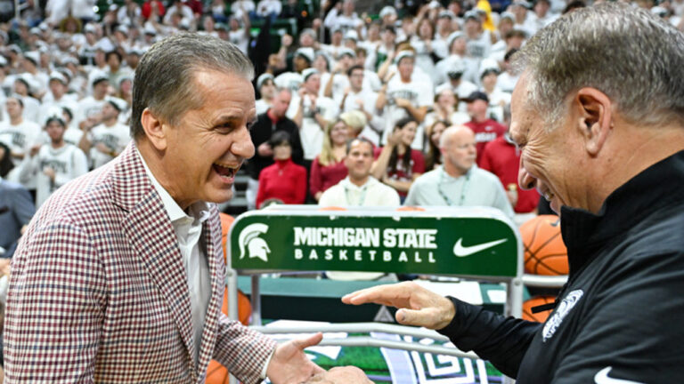 Arkansas Razorbacks coach John Calipari greets Michigan State Spartans coach Tom Izzo prior to a game last November