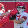 Arkansas Razorbacks tight end during practice drills at spring practice in 2025.