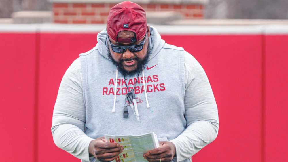Arkansas Razorbacks offensive line coach Marcus Johnson at spring practice in Fayetteville, Ark.