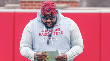 Arkansas Razorbacks offensive line coach Marcus Johnson at spring practice in Fayetteville, Ark.