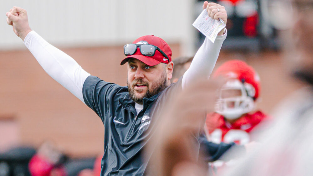 Razorback tight ends coach Morgan Turner during a spring practice in Fayetteville, Ark.