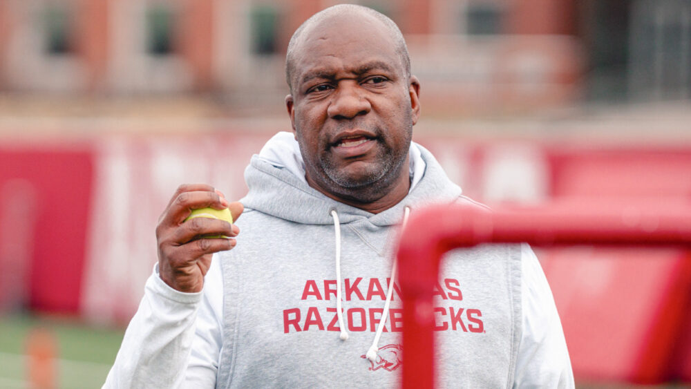 Razorbacks running backs coach David Johnson during spring practice in Fayetteville, Ark.