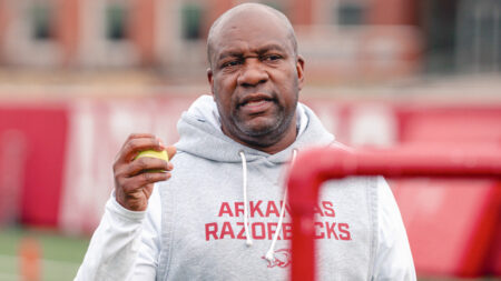 Razorbacks running backs coach David Johnson during spring practice in Fayetteville, Ark.