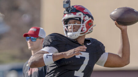 Arkansas Razorback quarterback KJ Jackson during spring practice in Fayetteville, Ark.