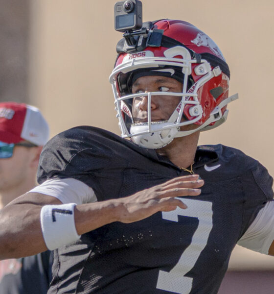 Arkansas Razorback quarterback KJ Jackson during spring practice in Fayetteville, Ark.