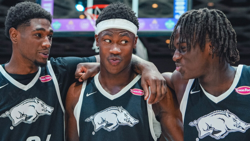 Arkansas Razorbacks Billy Richmond, JJ Andrews and Abdou Carleton in game against Carleton at Baha Mar Hoops Summer League