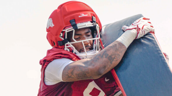 Arkansas Razorbacks defensive lineman Charlie Collins at a fall practice