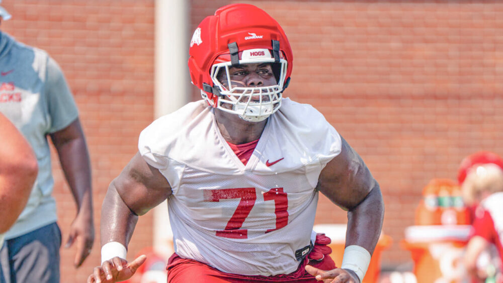 Arkansas Razorbacks offensive lineman Malachi Breland during fall camp practice.