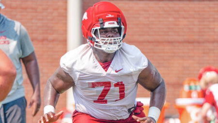 Arkansas Razorbacks offensive lineman Malachi Breland during fall camp practice.
