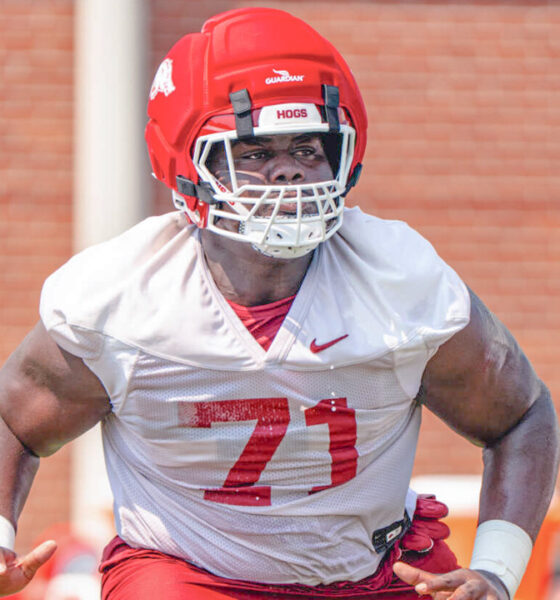 Arkansas Razorbacks offensive lineman Malachi Breland during fall camp practice.