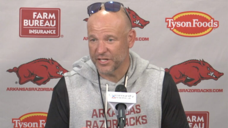 Razorbacks special teams coach Chad Lunsford after practice Friday