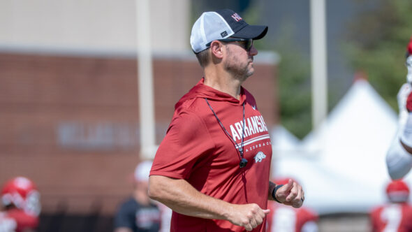 Arkansas Razorbacks coach Ryan Silverfield during a fall camp practice.