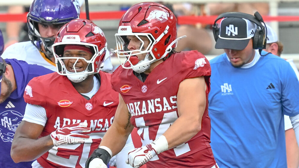 Arkansas Razorbacks linebacker Ben Bogle reacting after a play against North Alabama in Razorback Stadium