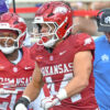 Arkansas Razorbacks linebacker Ben Bogle reacting after a play against North Alabama in Razorback Stadium