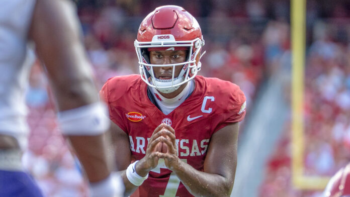 Arkansas Razorback quarterback KJ Jackson during game against North Alabama during game at Razorback Stadium.