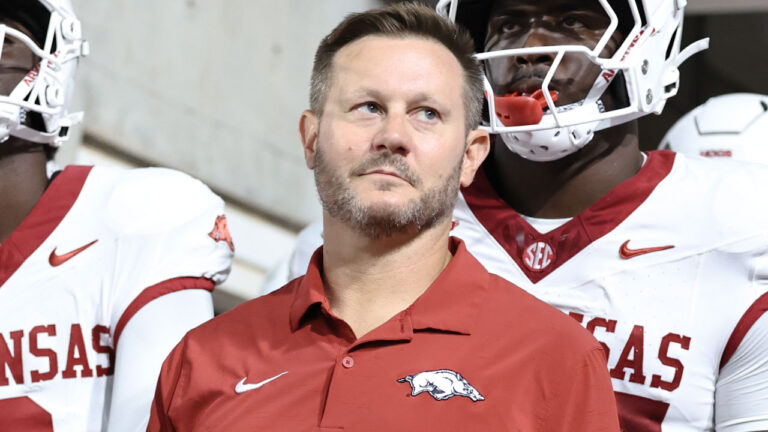 Arkansas Razorbacks coach Ryan Silverfield waiting to come on field against the Utah Utes