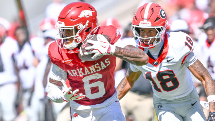 Arkansas Razorbacks wide receiver Chris Marshall runs after a catch in a game against the Georgia Bulldogs at Razorback Stadium
