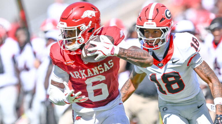 Arkansas Razorbacks wide receiver Chris Marshall runs after a catch in a game against the Georgia Bulldogs at Razorback Stadium