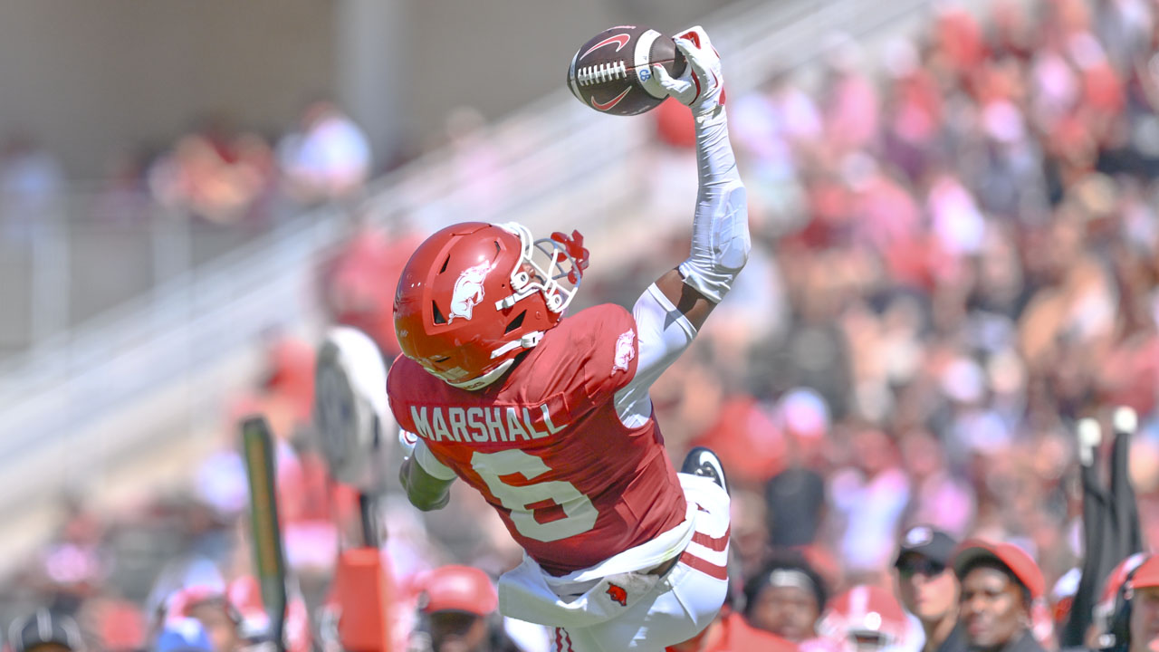 Arkansas Razorbacks wide receiver Chris Marshall makes a one-handed catch against the Georgia Bulldogs in a game at Razorback Stadium