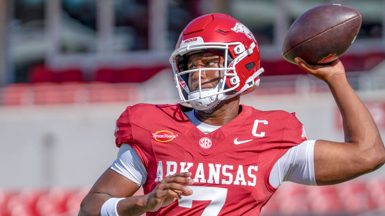 Arkansas Razorbacks quarterback KJ Jackson throws in pregame warmups before game against Georgia at Razorback Stadium