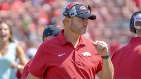 Arkansas Razorbacks coach Ryan Silverfield during game against the Georgia Bulldogs at Razorback Stadium