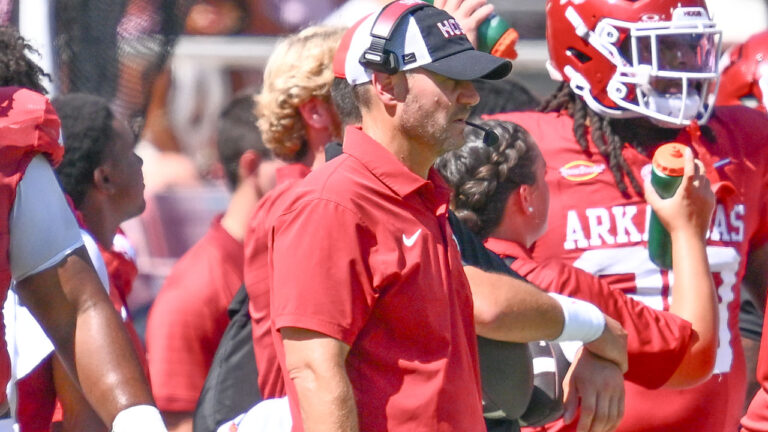 Arkansas Razorbacks coach Ryan Silverfield during game against the Georgia Bulldogs at Razorback Stadium