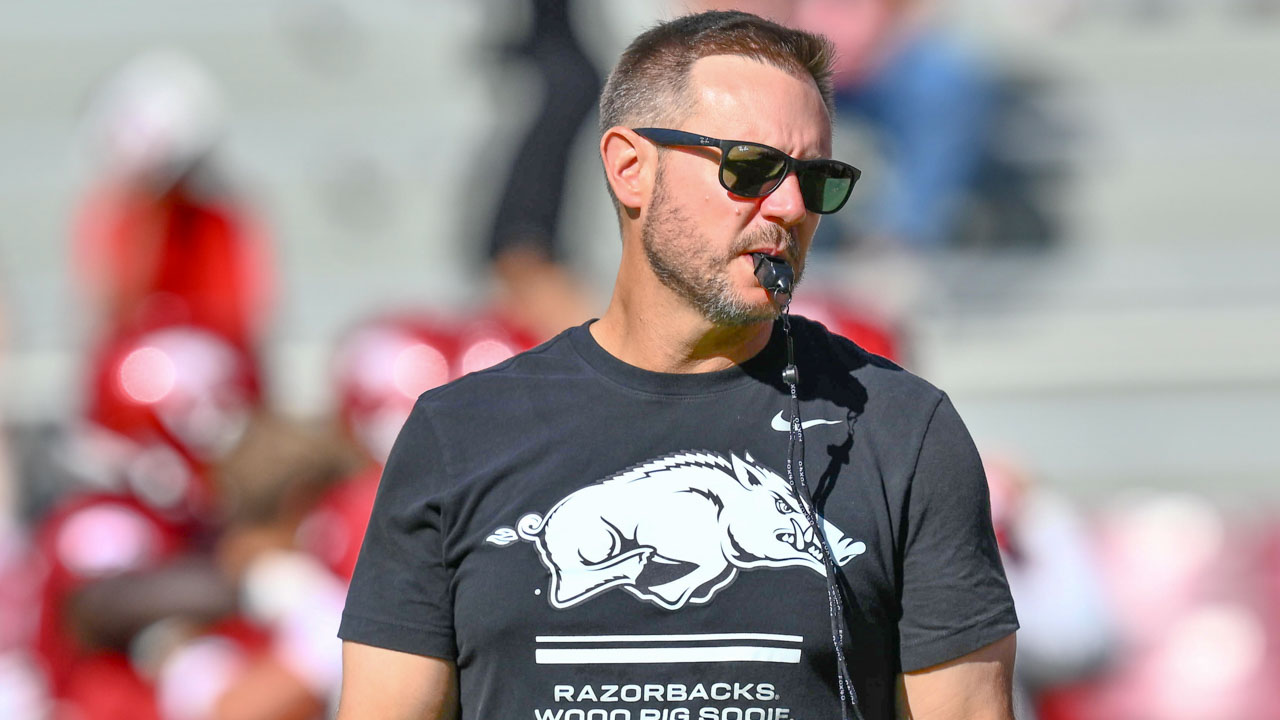 Arkansas Razorbacks coach Ryan Silverfield during pregame warmups before game against the Georgia Bulldogs at Razorback Stadium