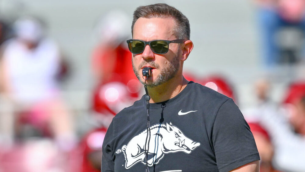 Arkanss Razorbacks coach Ryan Silverfield during pregame warmups before facing the Georgia Bulldogs