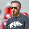 Arkanss Razorbacks coach Ryan Silverfield during pregame warmups before facing the Georgia Bulldogs