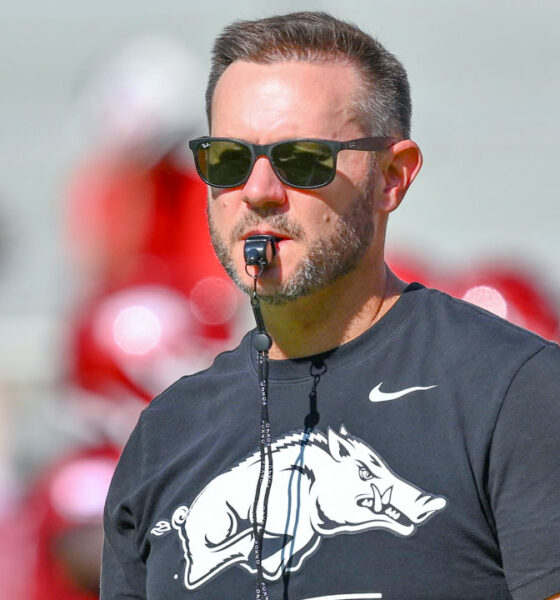Arkanss Razorbacks coach Ryan Silverfield during pregame warmups before facing the Georgia Bulldogs