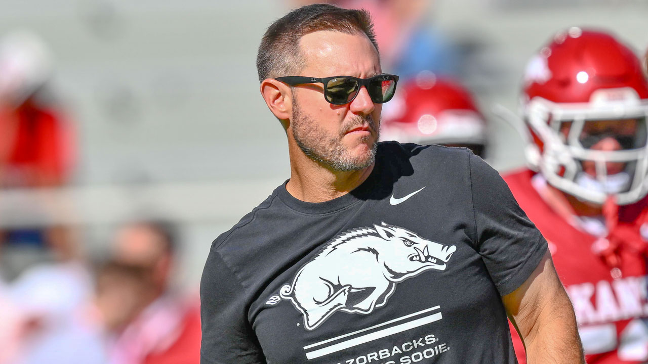 Arkansas Razorbacks coach Ryan Silverfield during pregame warmups before game against the Georgia Bulldogs at Razorback Stadium