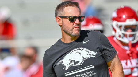 Arkansas Razorbacks coach Ryan Silverfield during game against the Georgia Bulldogs at Razorback Stadium