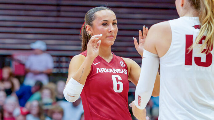 Arkansas Razorbacks Madi Benne during match against the Auburn Tigers at Barnhill Arena