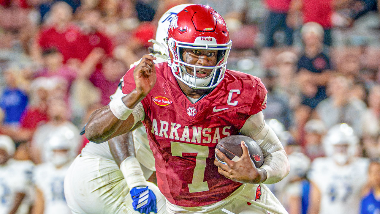 Arkansas Razorbacks Chris Marshall and KJ Jackson after game against the Tulsa Golden Hurricane at Razorback Stadium
