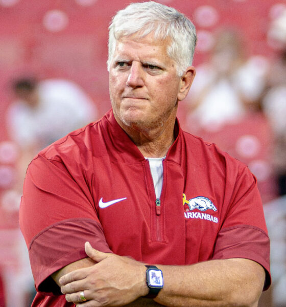 Arkansas Razorbacks defensive coordinator Ron Roberts on the field in warmups before game against the Tulsa Golden Hurricane at Razorback Stadium