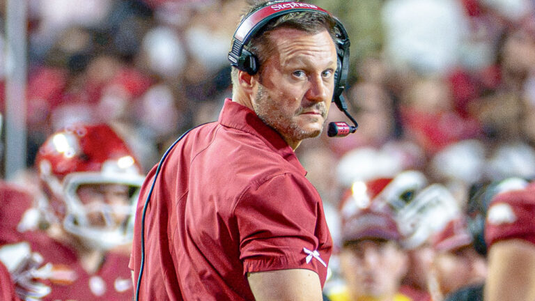 Arkansas Razorbacks coach Ryan Silverfield on the sidelines during game against the Tulsa Golden Hurricane at Razorback Stadium