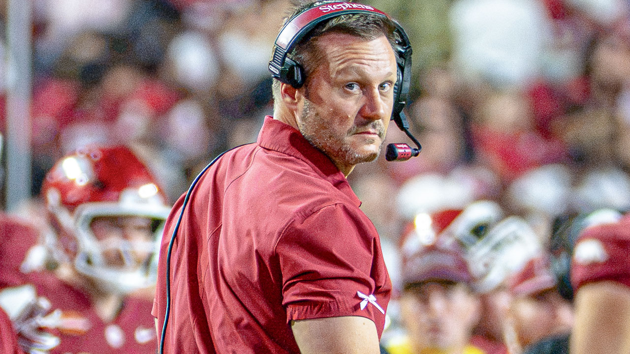 Arkansas Razorbacks coach Ryan Silverfield on the sidelines during game against the Tulsa Golden Hurricane at Razorback Stadium