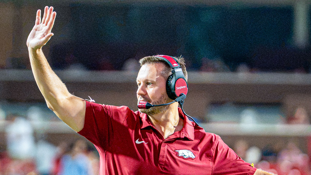 Arkansas Razorbacks coach Ryan Silverfield on the sidelines during game against the Tulsa Golden Hurricane at Razorback Stadium