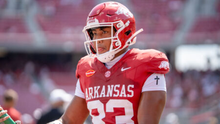 Arkansas Razorbacks tight end Jaden Platt during game against North Alabama at Razorback Stadium