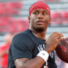 Arkanas Razorbacks quarterback KJ Jackson warming up before game against the Utah Utes